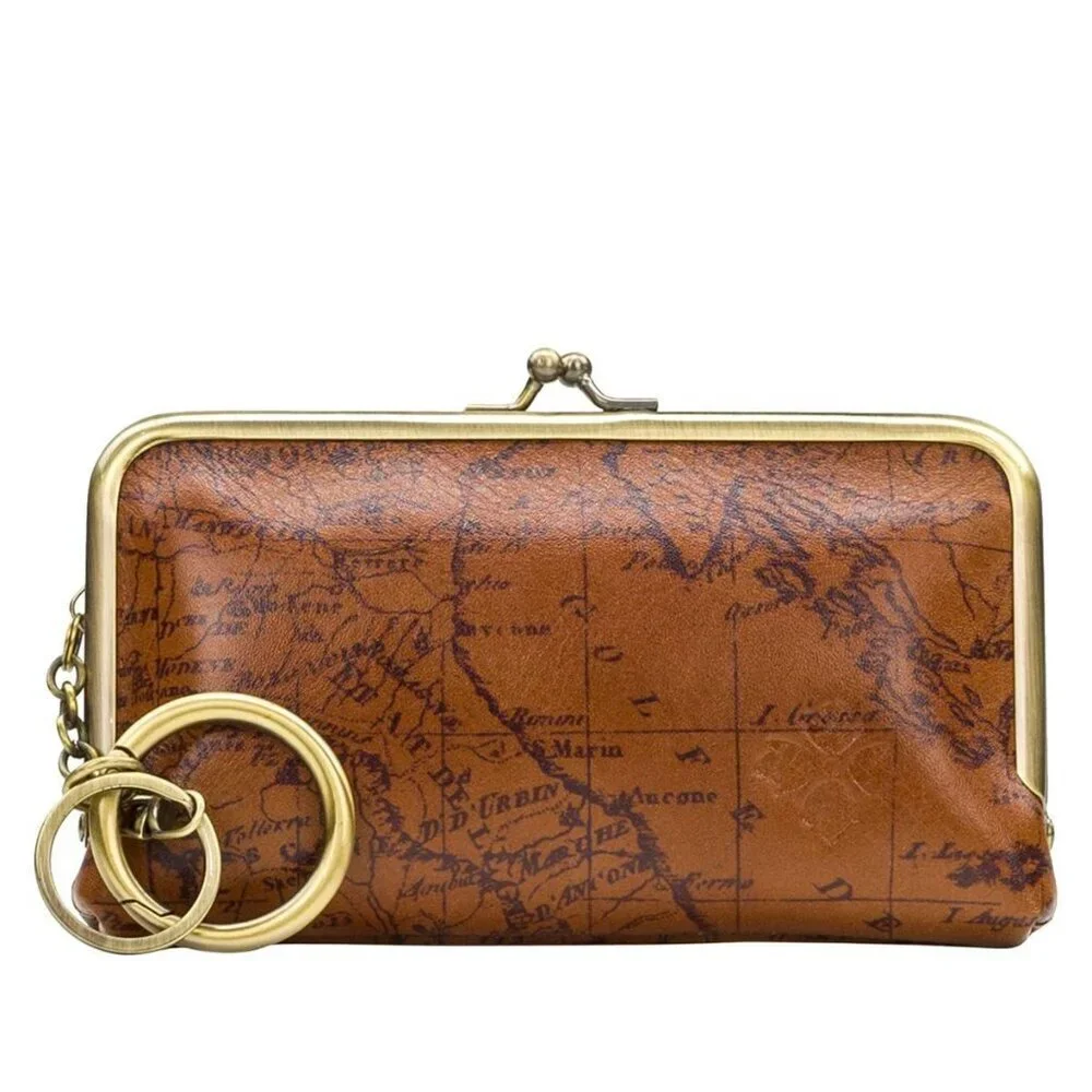 NWT Patricia Nash Lorella Riot Rust Signature Map Kiss Lock Frame Leather Wallet
